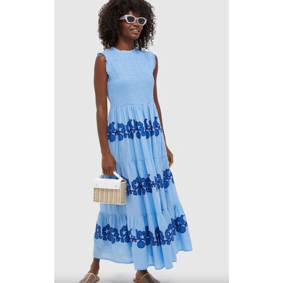Oliphant Tuckernuck Tangier Blue Sleeveless Smocked Maxi Dress size XL